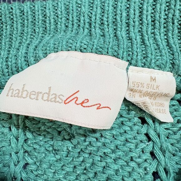 Haberdasher Sweater Women M Teal Cable Knit Silk Blend Coastal Grandma Fall - Picture 3 of 8